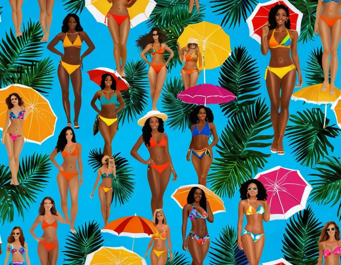 A vibrant beach scene featuring confident women showcasing the latest trends in sexy swimwear and thong fashion. Include diverse body types and styles, from bold prints to elegant minimalism. Surrounded by tropical elements like palm trees and colorful beach umbrellas to create an inviting atmosphere. Ensure a sunny and lively vibe, capturing the essence of fun and freedom. super-realistic. vibrant colors. tropical theme.